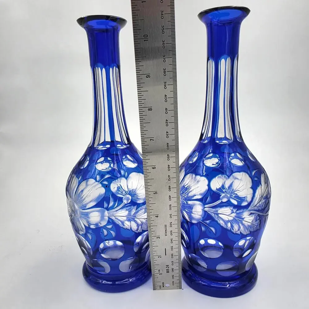 Vintage Bohemian Cobalt Blue Cut to Clear Glass Floral Dot Carafes - Pair 10.5